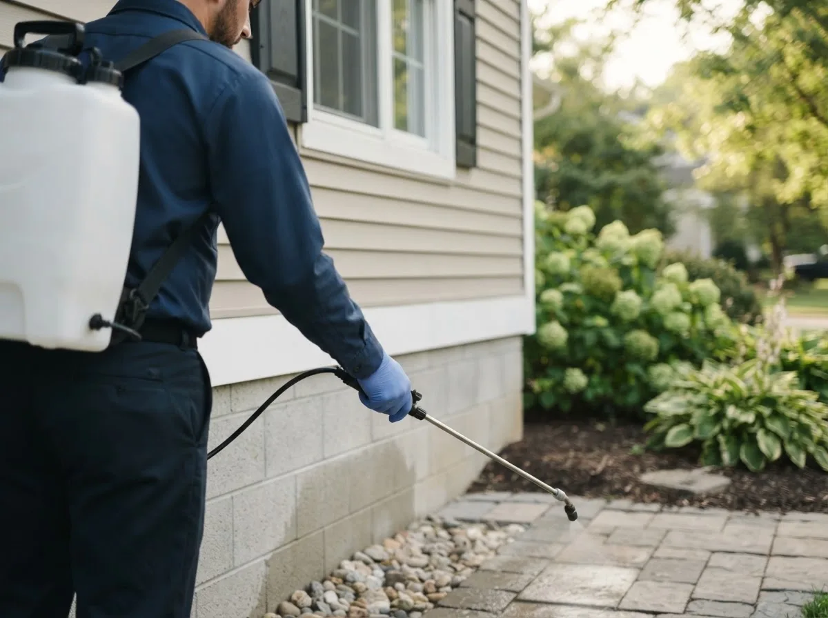 Pest control technician inspecting a home in Plympton, MA